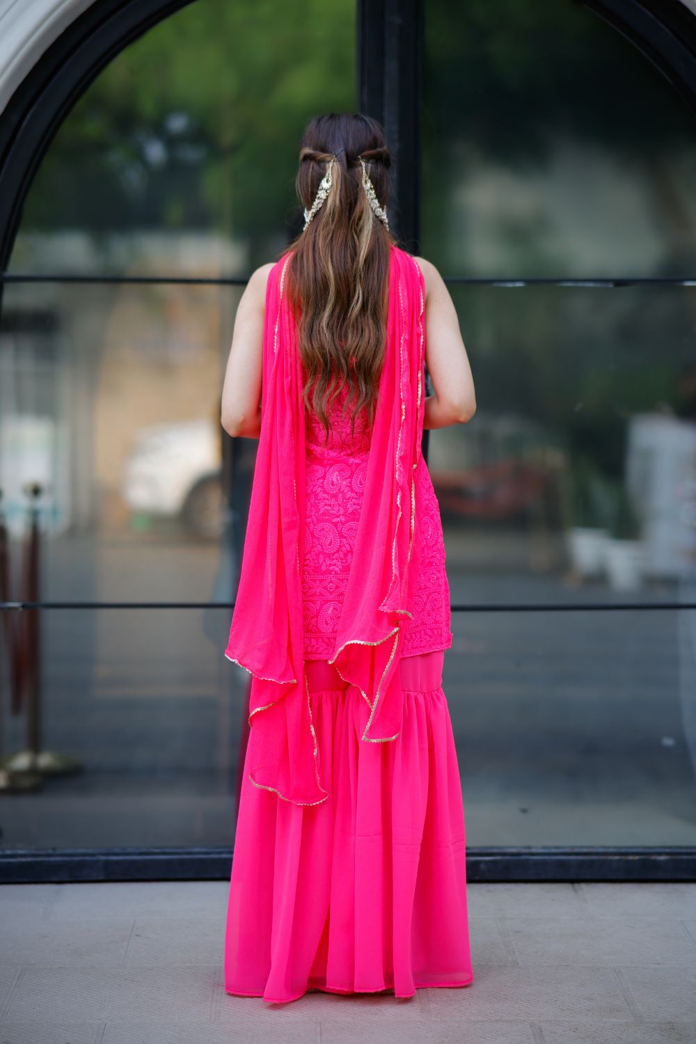 Pink Laila chikankari suit by Imagine By Shiwali with intricate embroidery, vibrant color, and traditional craftsmanship.