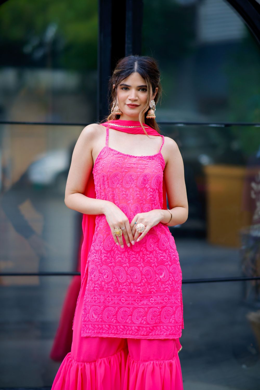Vibrant pink Laila chikankari suit by Imagine By Shiwali featuring intricate embroidery and traditional design.