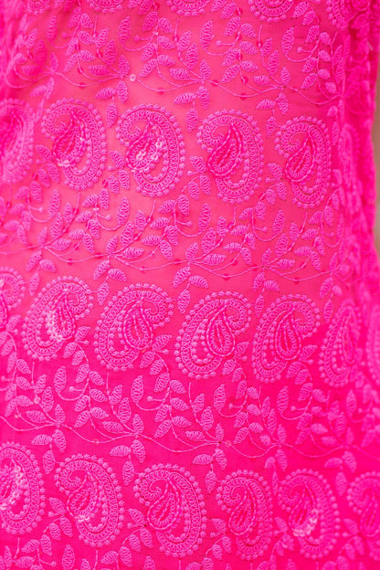 Vibrant pink Laila chikankari suit by Imagine By Shiwali, intricate embroidered kurta with matching dupatta and pants.