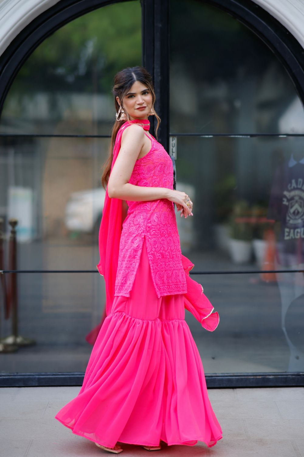 Vibrant pink Laila chikankari suit by Imagine By Shiwali with intricate embroidery and elegant fabric.