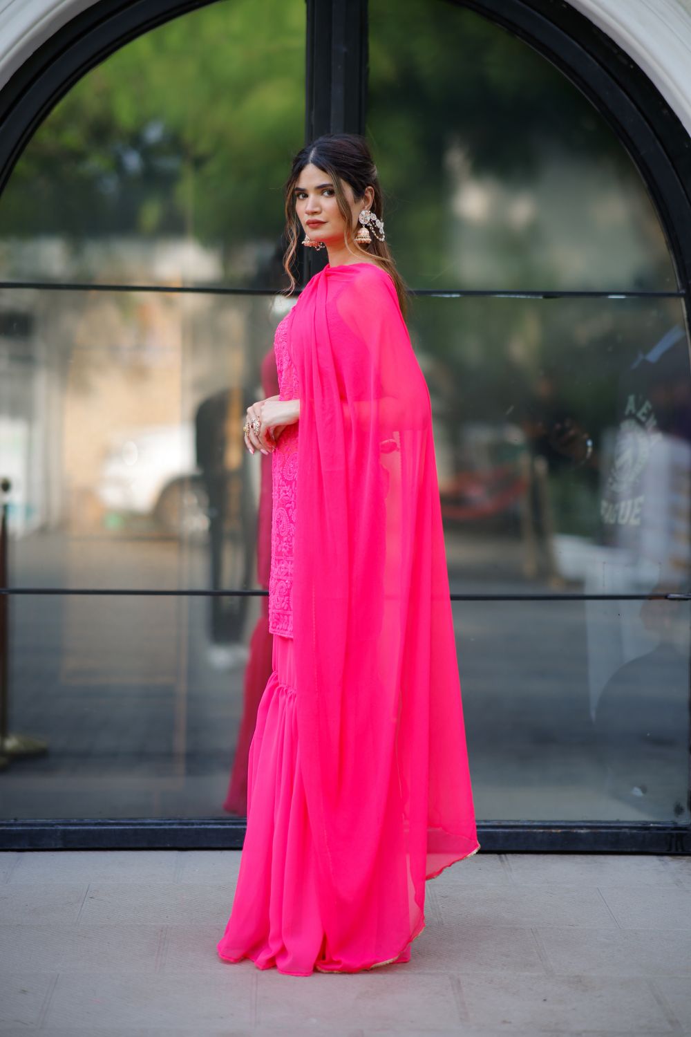 Vibrant pink Laila chikankari suit by Imagine By Shiwali, featuring intricate embroidery and traditional Indian craftsmanship.