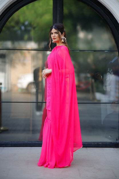 Vibrant pink Laila chikankari suit by Imagine By Shiwali, featuring intricate embroidery and traditional Indian craftsmanship.