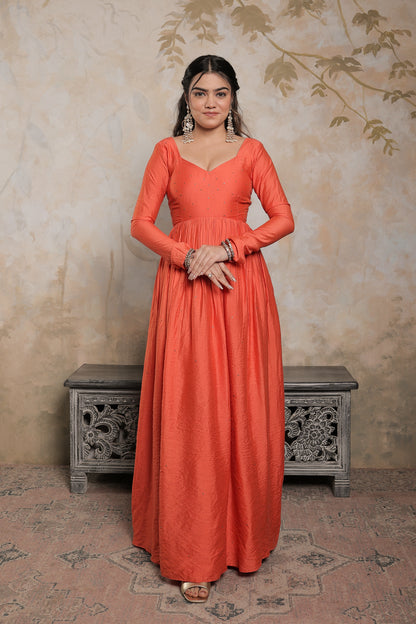 Laila orange Chanderi Anarkali kurta by Imagine By Shiwali with intricate embroidery and flowing fabric.