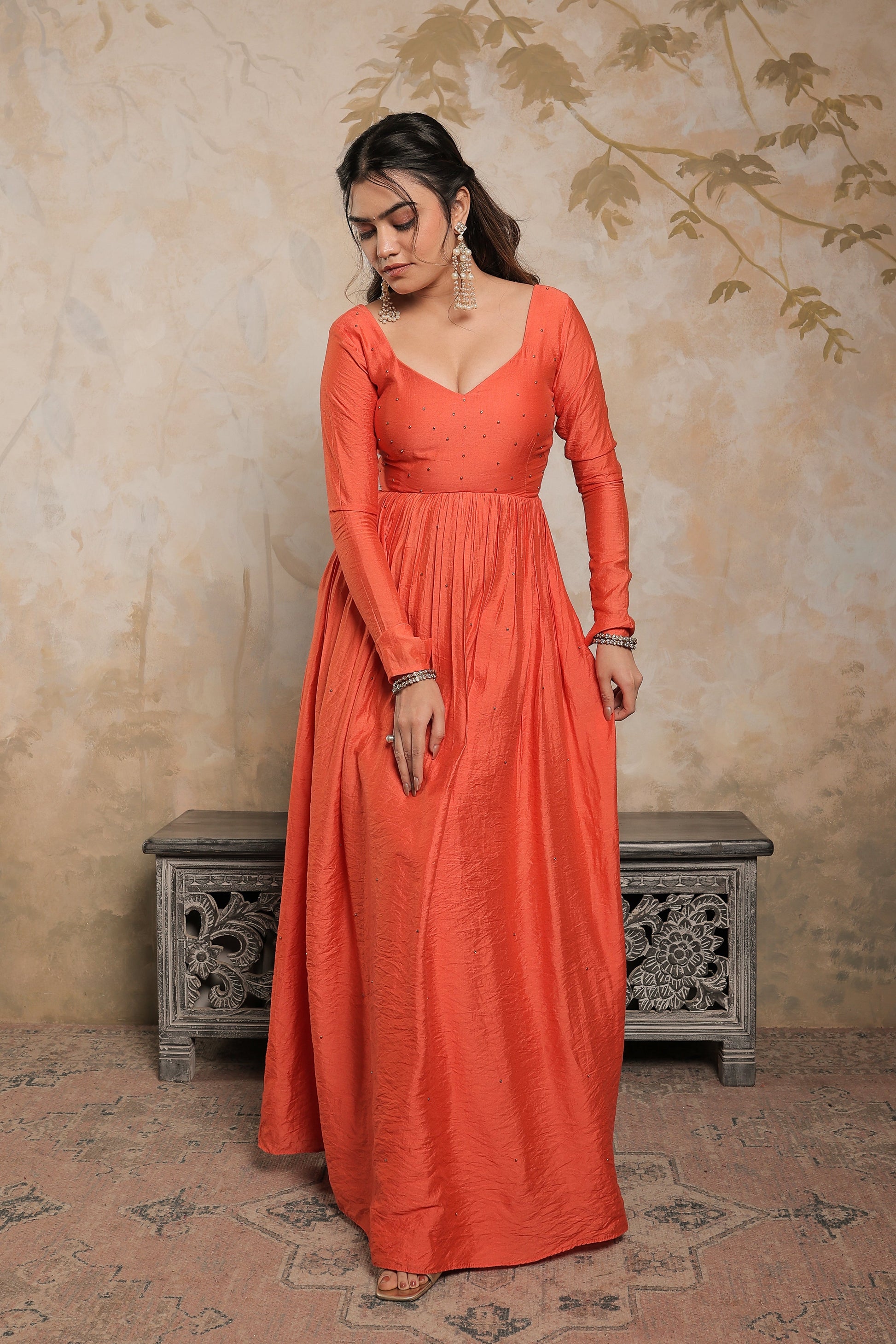 Laila orange chanderi anarkali by Imagine By Shiwali featuring intricate embroidery and flowing fabric for traditional elegance.