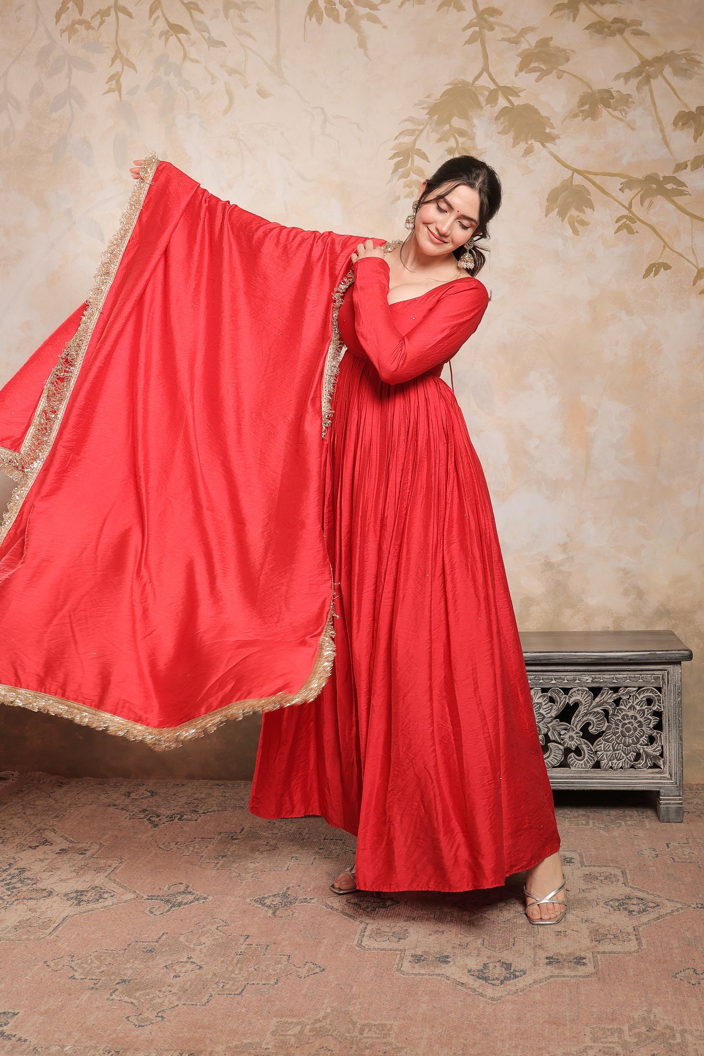 Red Laila Chanderi Anarkali dress by Imagine By Shiwali, featuring intricate embroidery and flowy fabric.