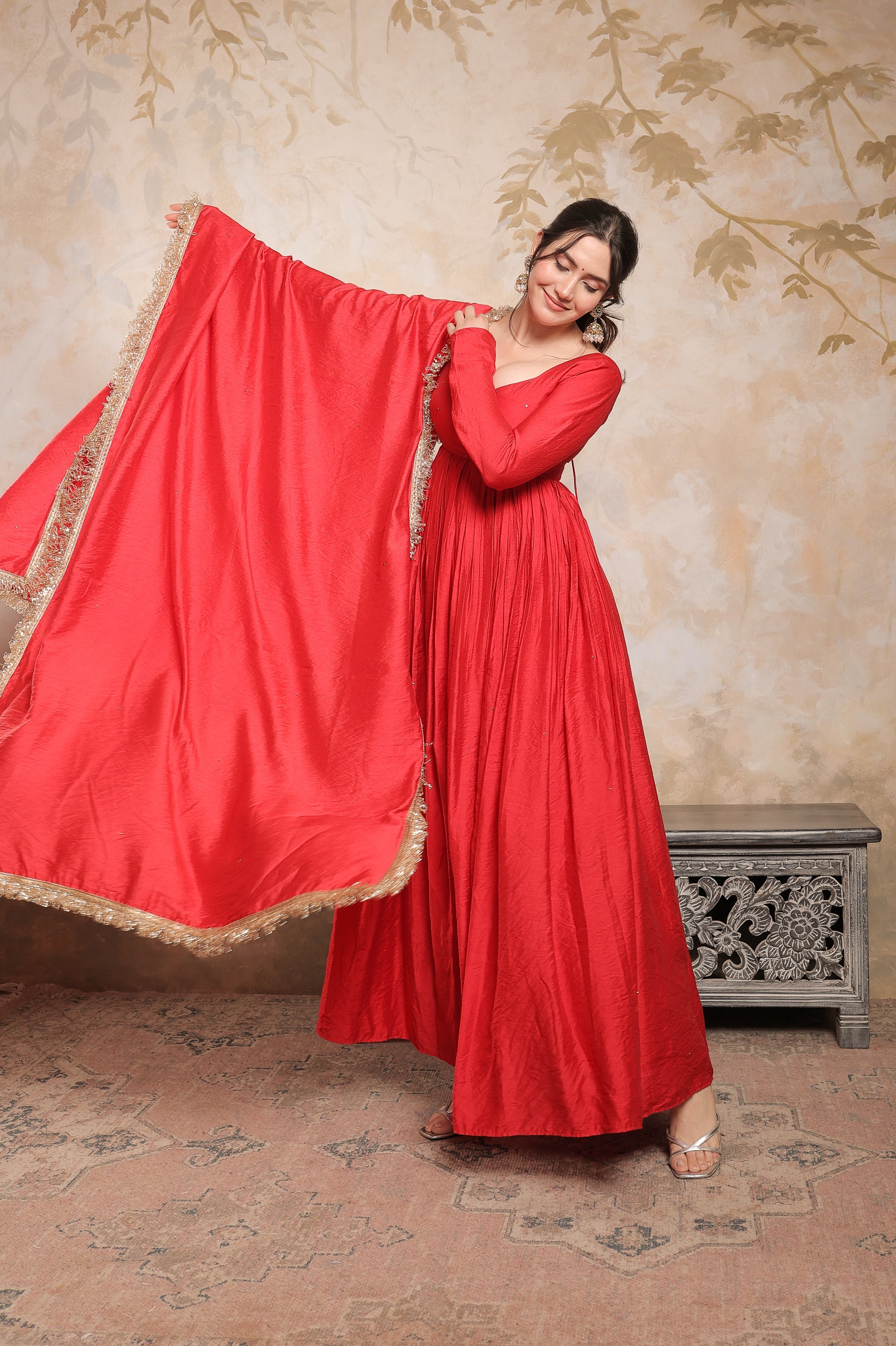 Red Laila Chanderi Anarkali dress by Imagine By Shiwali, featuring intricate embroidery and flowy fabric.