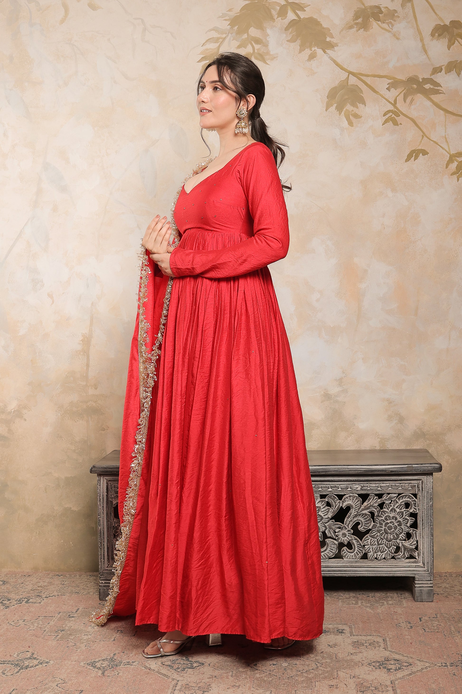 Red Laila Chanderi Anarkali dress by Imagine By Shiwali, featuring traditional embroidery and flowy fabric.
