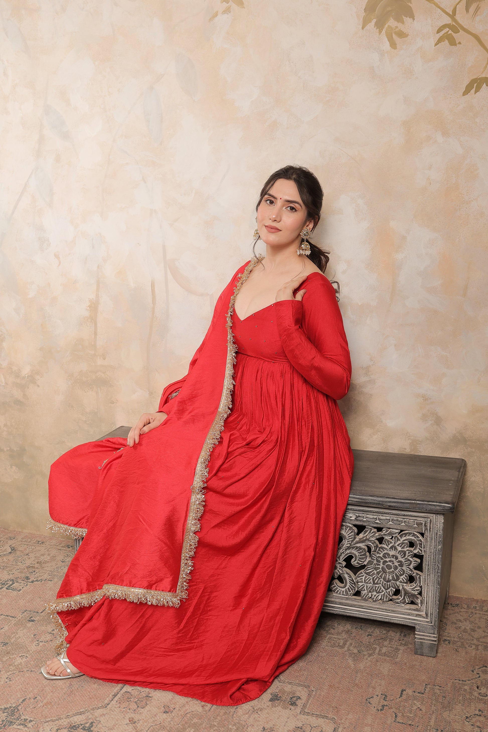 Red Laila Chanderi Anarkali dress by Imagine By Shiwali, featuring intricate embroidery and flowing fabric, front view.