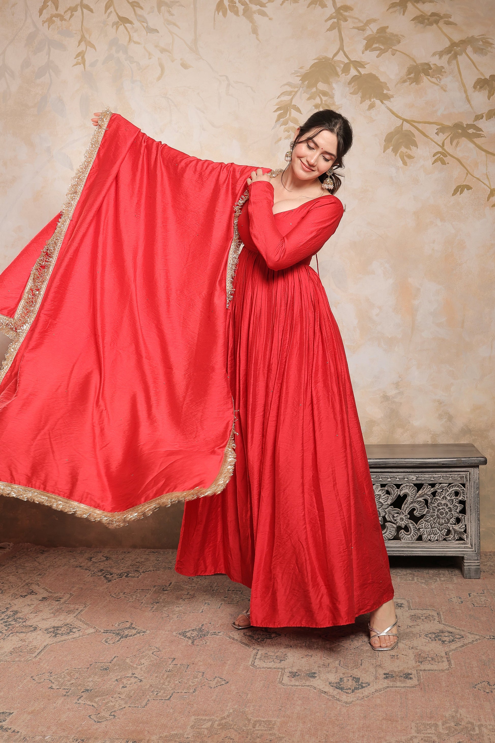 Red Laila Chanderi Anarkali dress by Imagine By Shiwali, featuring intricate embroidery and elegant traditional design.