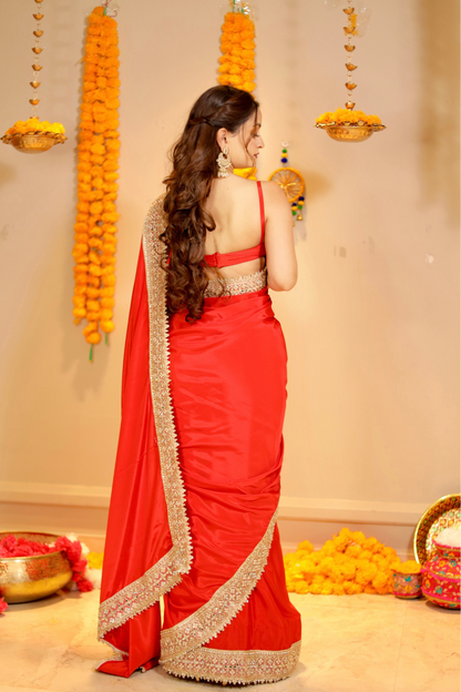 Red Maastani saree with matching blouse by Imagine By Shiwali, featuring traditional fabric and elegant drape.