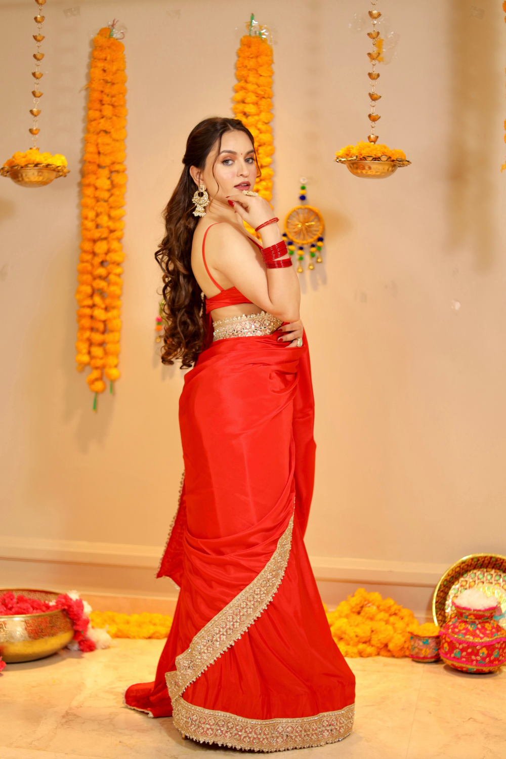 Red Maastani saree with matching blouse from Imagine By Shiwali, featuring traditional Indian design and vibrant fabric.