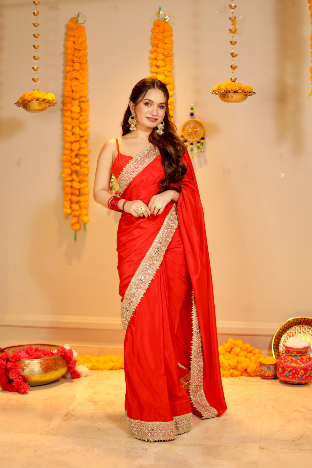 Red Maastani saree with matching blouse from Imagine By Shiwali, featuring traditional Indian design and vibrant fabric details.