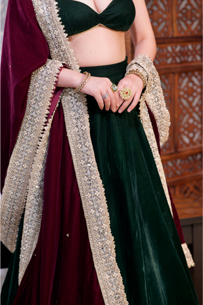 Pink velvet Madhu Lehnga by Imagine By Shiwali with intricate embroidery and traditional design, perfect for festive occasions.