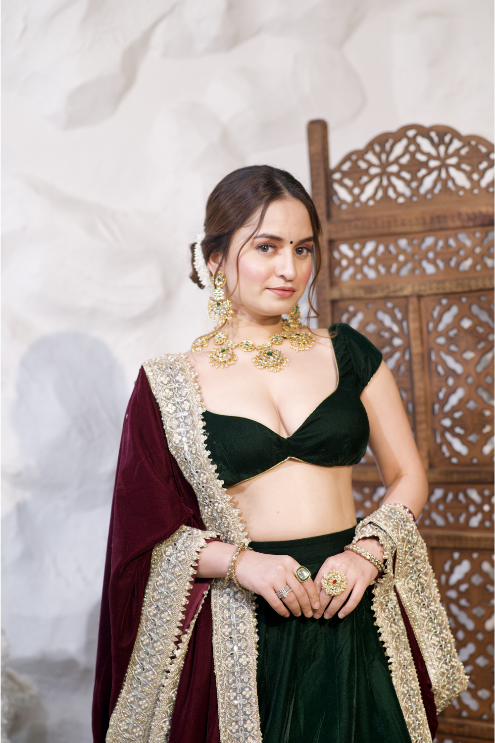Pink Madhu Velvet Lehnga from Imagine By Shiwali with intricate embroidery and flowing fabric, perfect for traditional celebrations.
