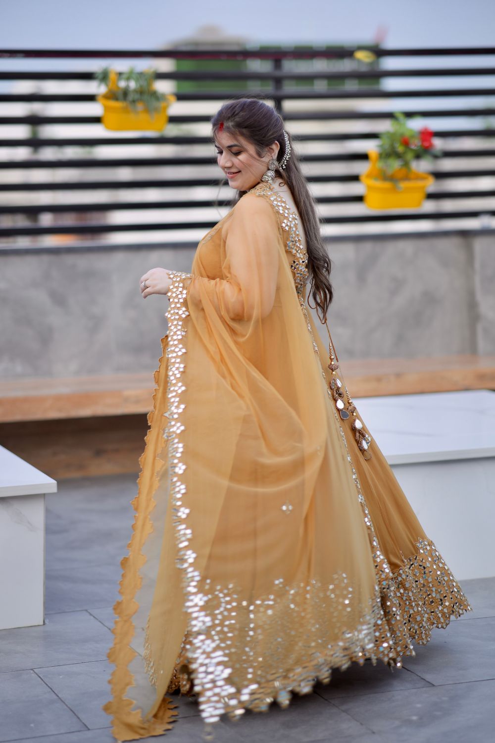 Brown Madhubala Mirrorwork Anarkali from Imagine By Shiwali, showcasing intricate mirror embroidery and elegant traditional design.