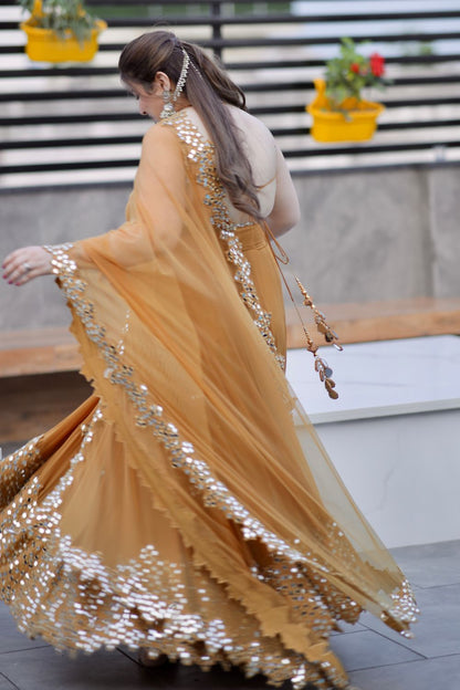 Brown Madhubala Mirrorwork Anarkali from Imagine By Shiwali, showcasing intricate mirror embroidery and flowing fabric.