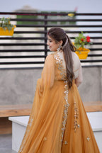 Brown Madhubala Mirrorwork Anarkali dress by Imagine By Shiwali, featuring intricate mirror embroidery and traditional Indian design.