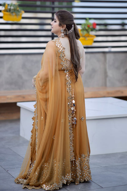Brown Madhubala Mirrorwork Anarkali from Imagine By Shiwali featuring intricate mirror embellishments and traditional Indian design.