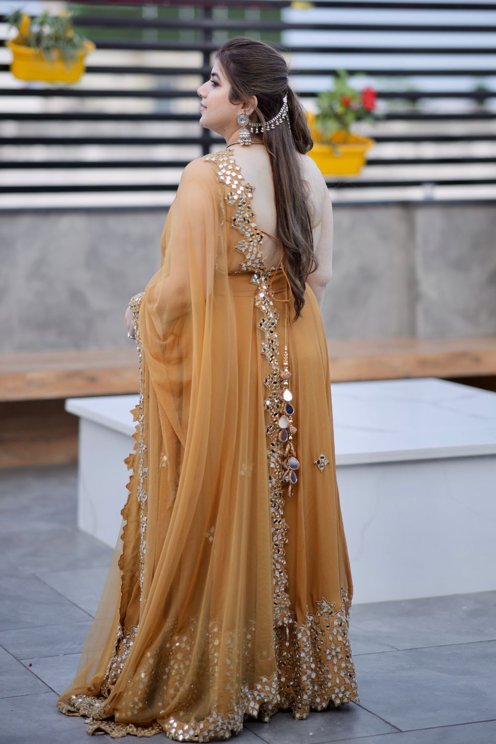 Brown Madhubala Mirrorwork Anarkali dress by Imagine By Shiwali, featuring intricate mirror embroidery and traditional style.