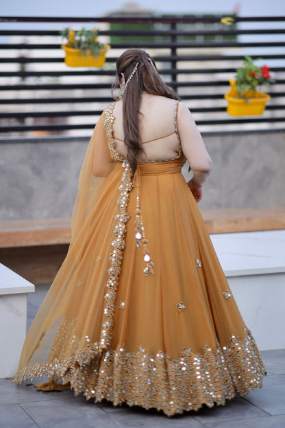 Brown Madhubala Mirrorwork Anarkali by Imagine By Shiwali featuring intricate mirror embellishments and traditional Indian design.