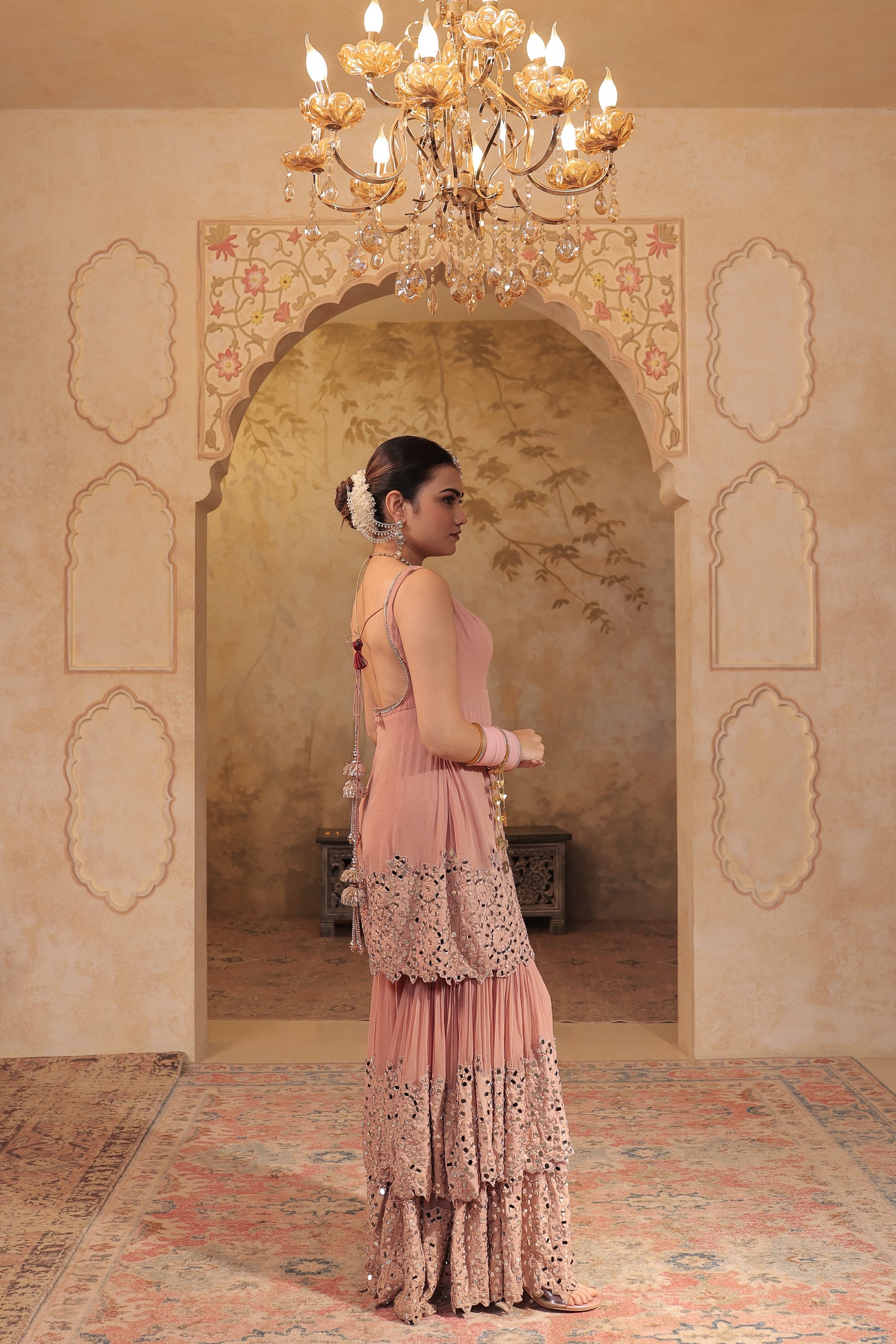 Madhubala mirrorwork sharara set by Imagine By Shiwali featuring intricate mirror embroidery and traditional Indian attire.