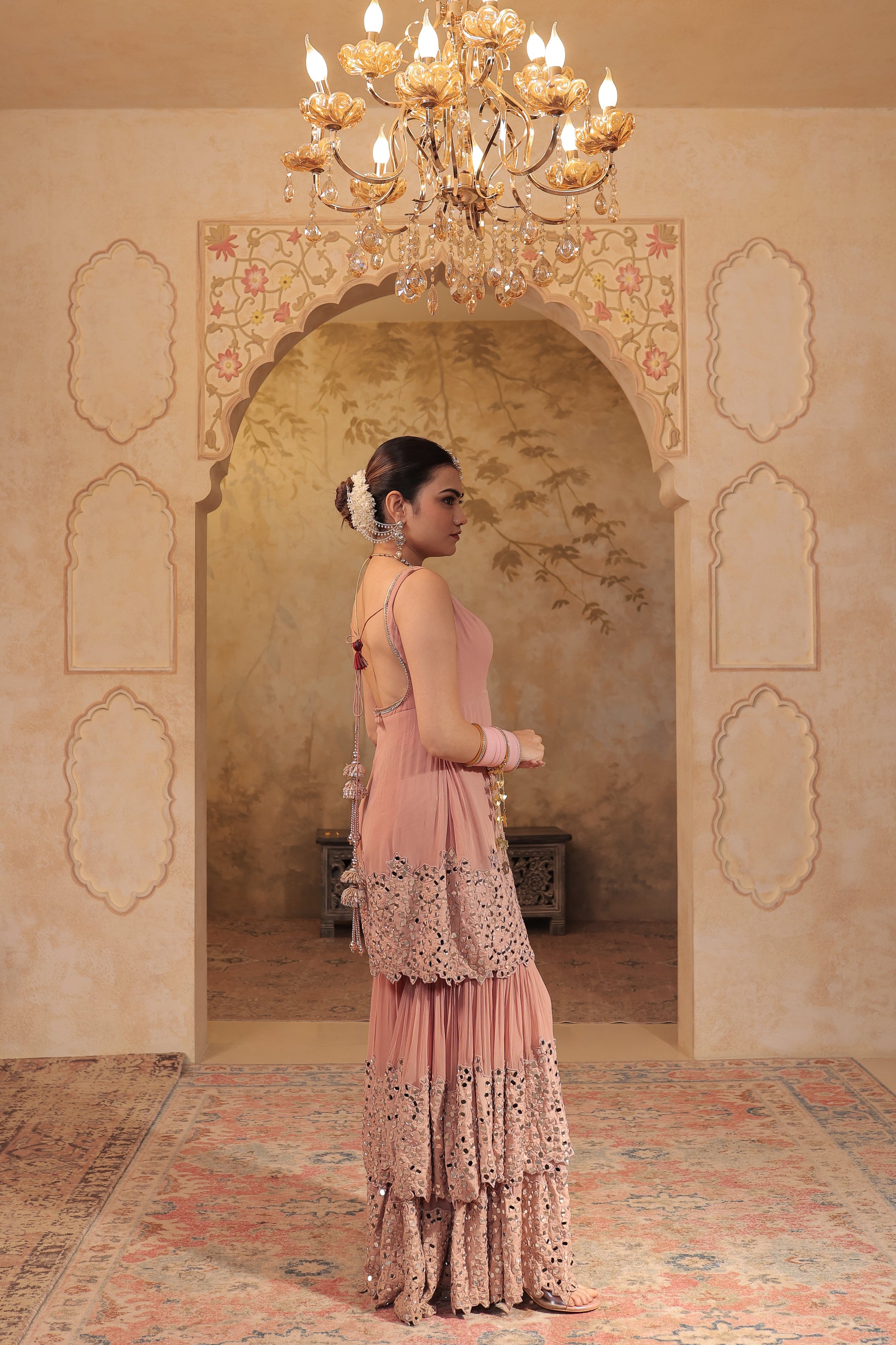 Madhubala mirrorwork sharara set by Imagine By Shiwali featuring intricate mirror embroidery and traditional Indian attire.