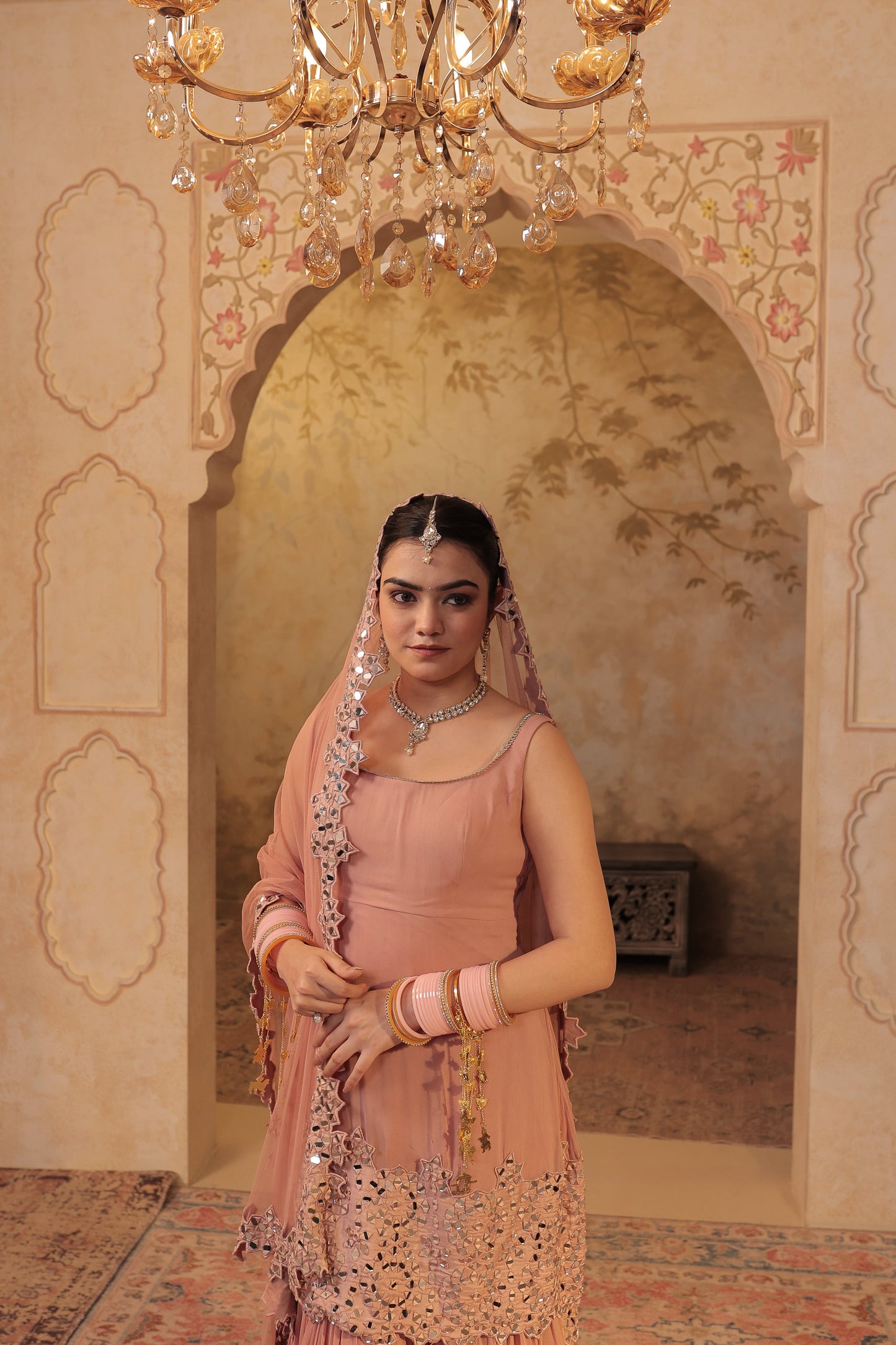 Madhubala mirrorwork sharara set by Imagine By Shiwali featuring intricate mirror embroidery and traditional Indian attire.
