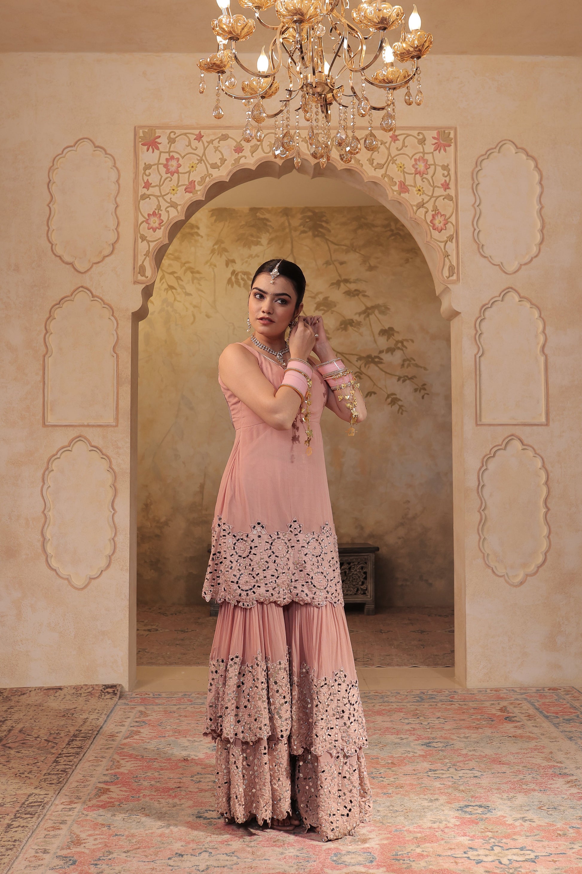 Madhubala mirrorwork sharara set by Imagine By Shiwali with intricate mirror embroidery and flowy fabric, traditional Indian attire.
