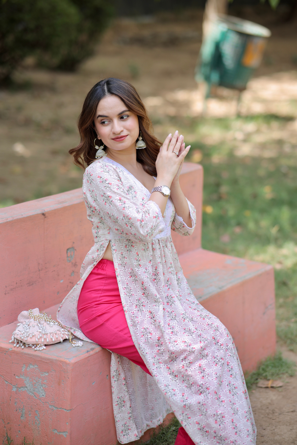 Imagine By Shiwali Mala cotton kurti set with traditional embroidery and matching dupatta, worn by a model in a vibrant setting.