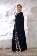 Navy blue velvet Malaika Anarkali dress by Imagine By Shiwali with intricate embroidery and flowing silhouette.