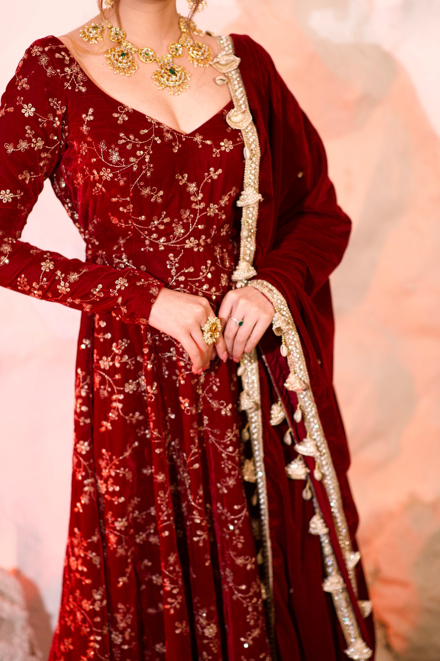 Red Malaika Velvet Anarkali dress by Imagine By Shiwali, featuring intricate embroidery and a flowing silhouette.