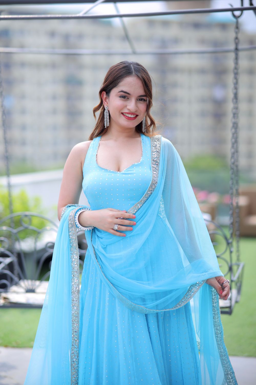 Nargis Blue Anarkali dress by Imagine By Shiwali featuring intricate embroidery and flowing fabric for elegant traditional wear.