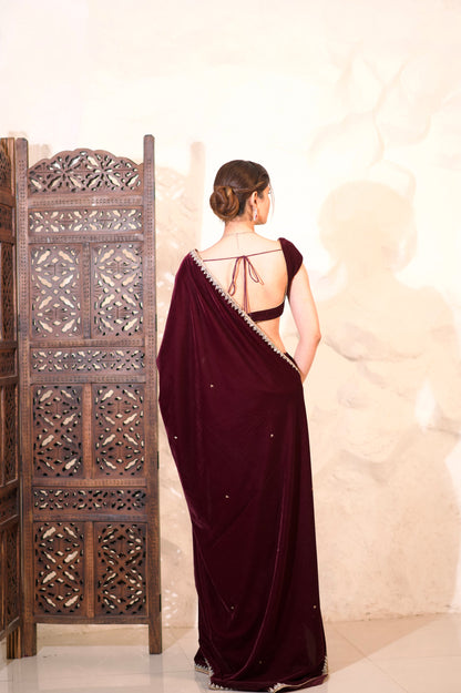 Nazia Wine Velvet Saree by Imagine By Shiwali, featuring rich wine-colored velvet fabric and elegant drape.