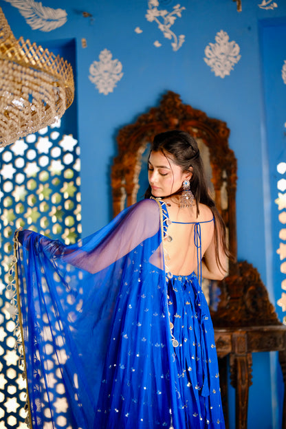 Radha Blue Anarkali dress by Imagine By Shiwali featuring intricate embroidery and flowing fabric, perfect for elegant occasions.