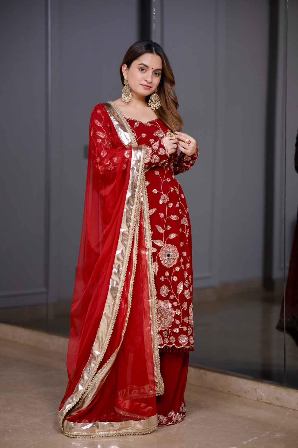 About Radha red straight suit