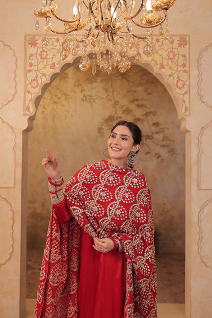 Red Rani Silk suit by Imagine By Shiwali, showcasing intricate silk fabric and traditional design details.