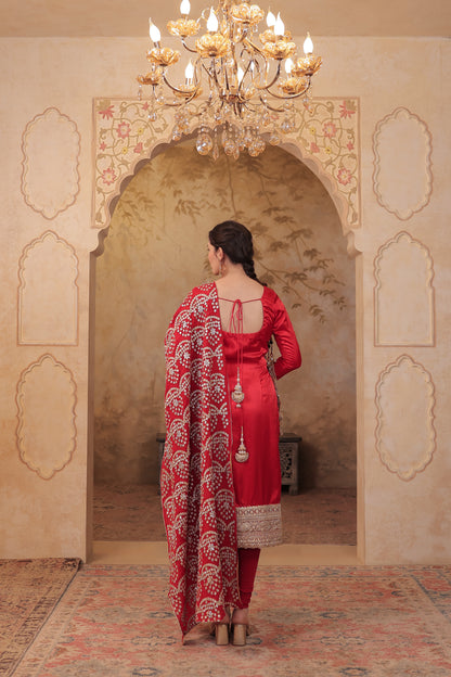 Red Rani Silk suit by Imagine By Shiwali, featuring intricate embroidery and traditional design on elegant silk fabric.