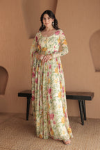 Beige floral Rasiya anarkali dress by Imagine By Shiwali, featuring intricate embroidery and elegant design.