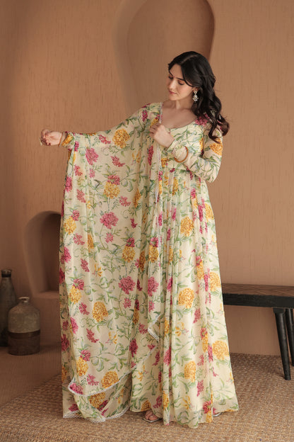 Imagine By Shiwali Rasiya beige floral anarkali dress with intricate floral embroidery and flowing fabric, full-length view.