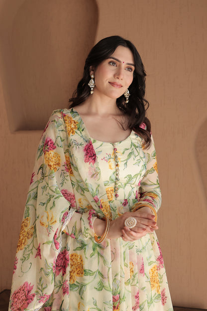 Imagine By Shiwali Rasiya beige floral Anarkali with intricate embroidery and flowy fabric, showcasing elegant traditional Indian attire.