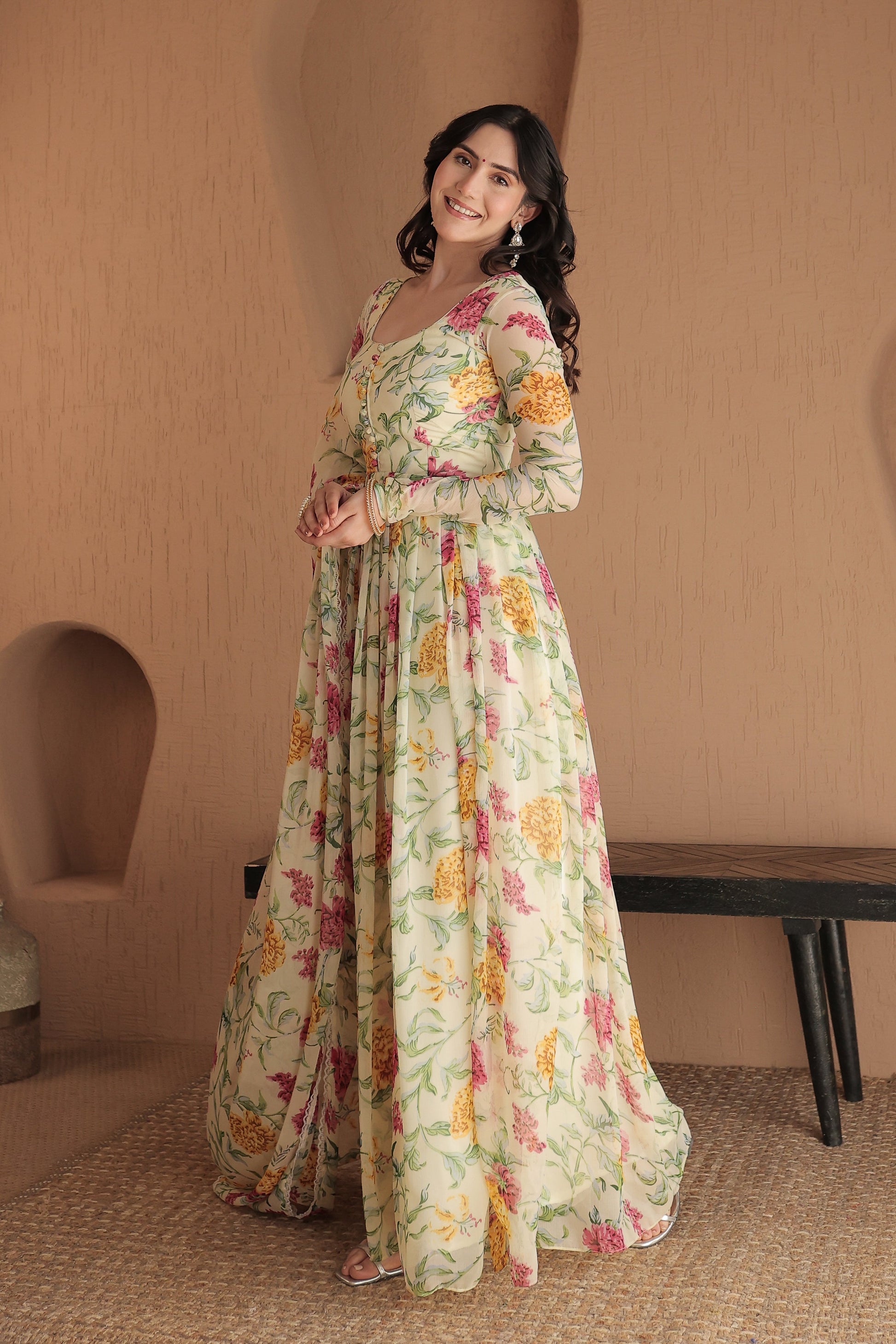 Rasiya beige floral Anarkali dress by Imagine By Shiwali, showcasing intricate floral embroidery and elegant traditional design.