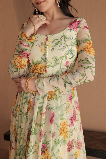 Beige floral Rasiya Anarkali dress by Imagine By Shiwali featuring intricate embroidery and flowy fabric.
