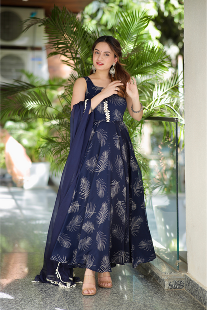 Blue chiffon Rasiya anarkali dress by Imagine By Shiwali, featuring intricate embroidery and flowing fabric.