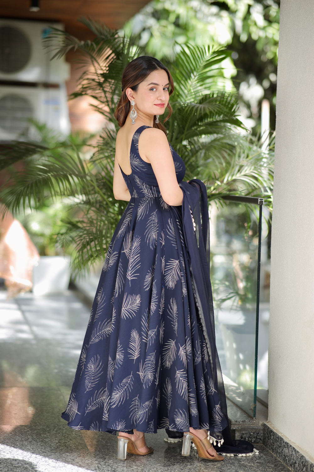 Blue chiffon Rasiya Anarkali dress by Imagine By Shiwali with intricate embroidery and flowing silhouette.