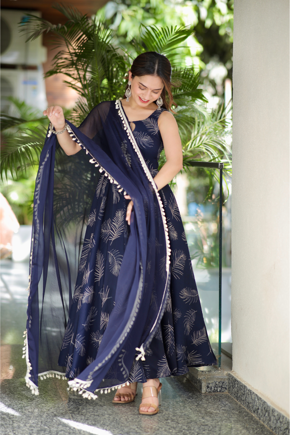 Blue chiffon Rasiya Anarkali dress by Imagine By Shiwali with intricate embroidery and flowy silhouette.