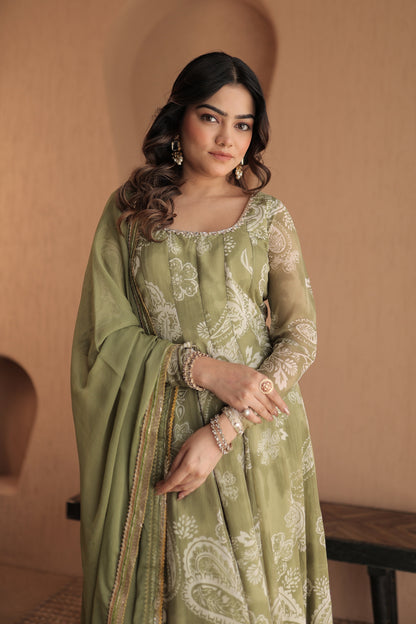 Green chiffon Rasiya Anarkali by Imagine By Shiwali, featuring intricate embroidery and flowing fabric.