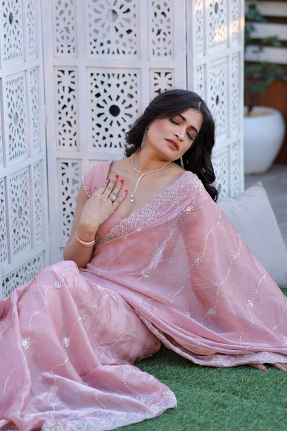 Pink pastel saree by Imagine By Shiwali featuring elegant drape and intricate design, perfect for traditional and festive occasions.