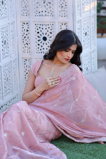 Pink pastel saree by Imagine By Shiwali, featuring elegant traditional design and lightweight fabric for festive occasions.