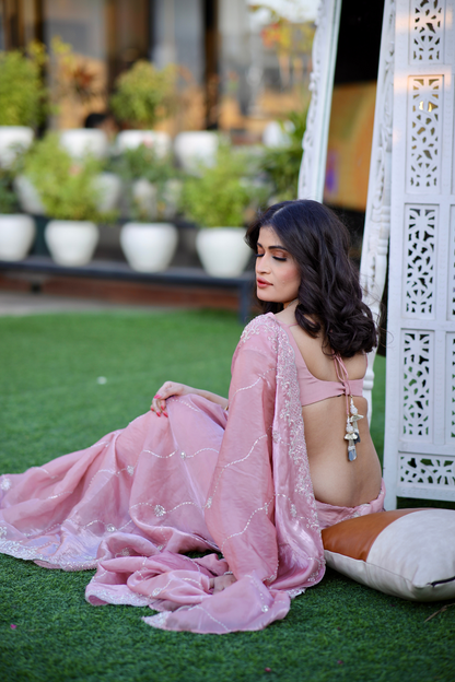 Pink pastel saree by Imagine By Shiwali, featuring elegant drape and intricate design details.