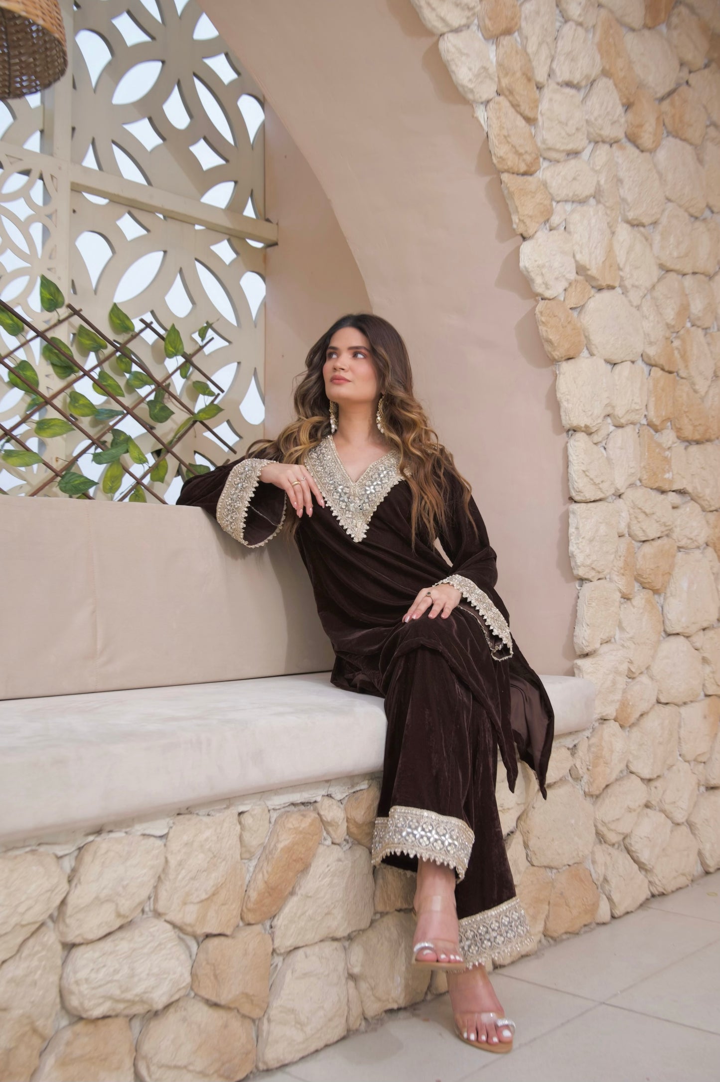 Brown velvet co-ord set by Imagine By Shiwali featuring a matching top and bottoms with a stylish, comfortable fit.